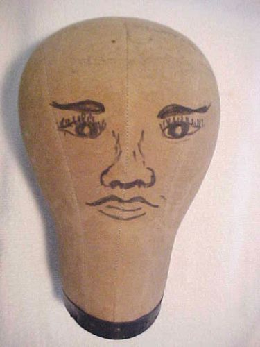 VTG. CLOTH/CANVAS HAT STAND/WIG FORM WITH DRAWN FACIAL FEATURES