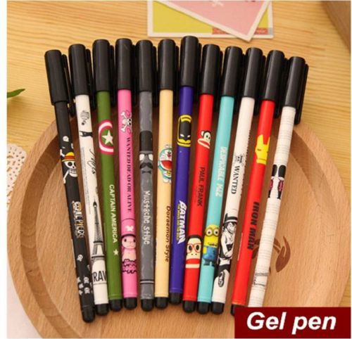 Gel Pens 12 Colorful Kawaii Korean Cartoon Print Stationary Black Ink  0.38 mm.