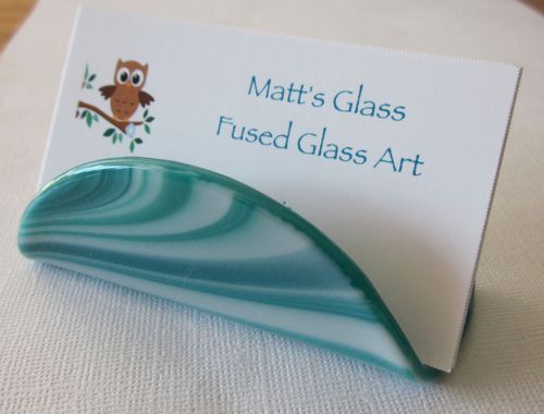 Business Card Holder Round Shape, Fused Glass in Aqua Swirl