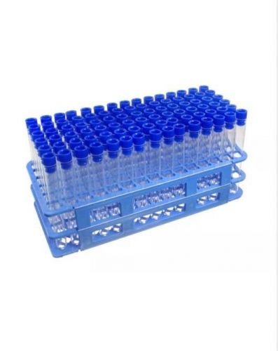 90 tube - 13x100mm clear plastic test tube set with blue caps &amp; rack for sale