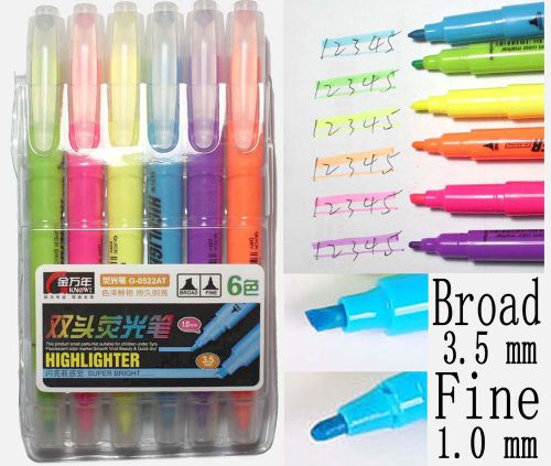 6 Color Highlighter Fluorescent Marker Pen Twin Dual Tip Fine Medium Broad