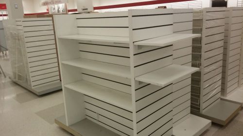 Rolling slatwall displays white shelving baskets used store fixtures liquidation for sale