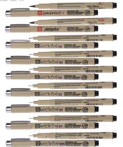 Sakura pens 005-08 stroke sketch hook line fine pen 7 pcs + brush + graphic set for sale