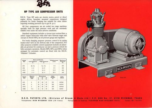 1950s brochure b.e.n. air compressor units for sale