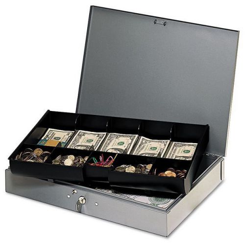 Mmf 2215cbtgy low profile 10 compartment cash box steel 15.3&#034;x10.5&#034;x2.3&#034; gray for sale