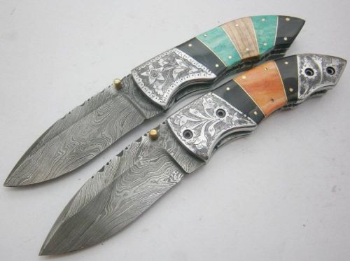 One of kind! Custom hand made damascus steel engraved folding knife lot of 2 (uk