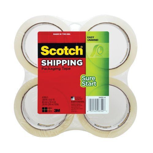 Scotch Sure Start Shipping Packaging Tape, 1.88 Inches x 54.6 Yards, 4 Rolls