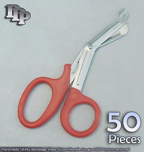 50 Paramedic Utility Bandage Shear Scissor 7.25&#034; Red Handle Surgical Instruments
