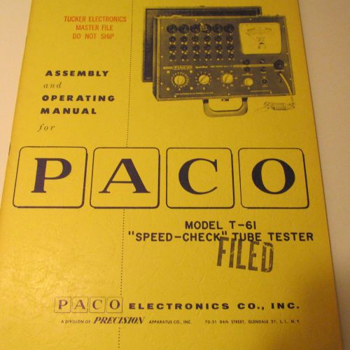 PACO T-61 TUBE TESTER KIT  MANUAL/SCHEMATIC/PARTS LIST/ASSEMBLY INSTRUCTIONS