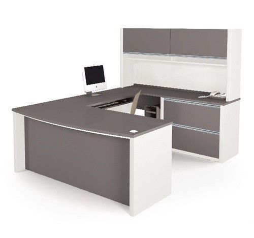 Modern slate &amp; sandstone u-shaped office desk w hutch &amp; oversized file drawers for sale