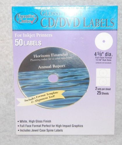 New in Box Executive Choice Glossy Inkjet CD/DVD Labels 50 4 5/8&#034; dia