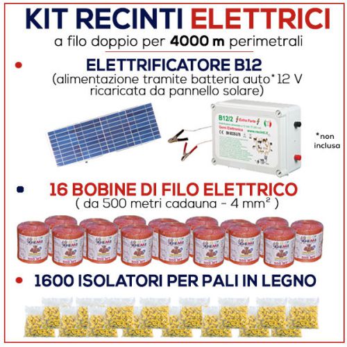 Electric fence kit for 4000 mt - energizer b/12 + solar panel + wire +insulators for sale
