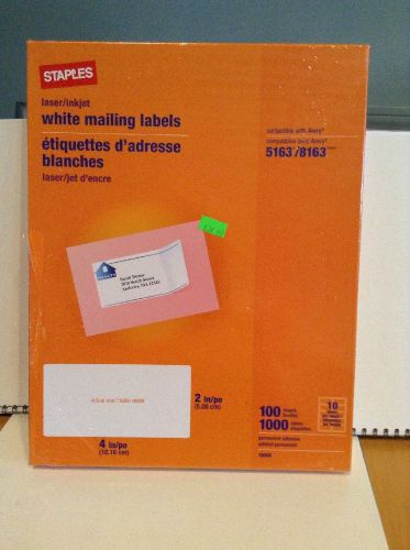 Staples 4 In Mailing Labels White - Compatible Avery 5163/8163 1000 Labels