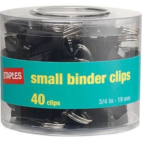 Staples small metal binder clips, black, 3/4&#034; size with 3/8&#034; capacity, 40/pack for sale