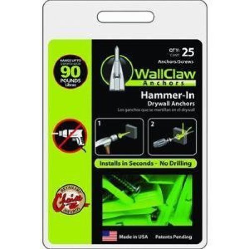 Wallclaw anchors pck-wc25-ys hammer-in drywall anchors and screws (25 pack) for sale