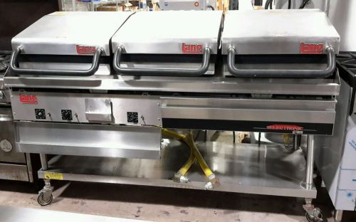 Used Lang 72&#034; Gas Griddle With Clamshell Hoods and Stand With Casters