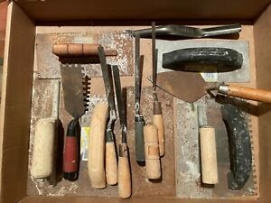 Lot of 14 Vintage Cement/Concrete Hand Tools &amp; Trowels.  Assorted manufacturers.