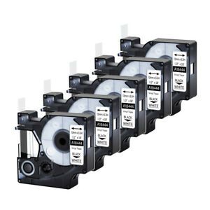 5PK 18444 IND Vinly Label Tape for Dymo Rhino 1000 6500 Black on White 1/2&#034;
