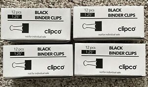 CLIPCO Black Binder Clips 1.25&#039;&#039; lot Of 48 (4 boxes of 12)