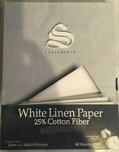 Southworth White Linen Paper 25% Cotton Fiber 80 sheets 24lb New in Box