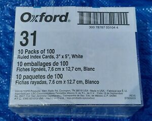 Oxford 10 Packs Of 100 3&#034;x5&#034; Ruled Index Cards White