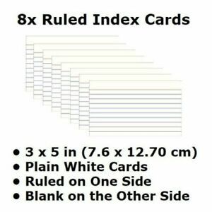 8 Index Cards - White Ruled - 3x5 inch - Lined Note Cards - FREE SHIP