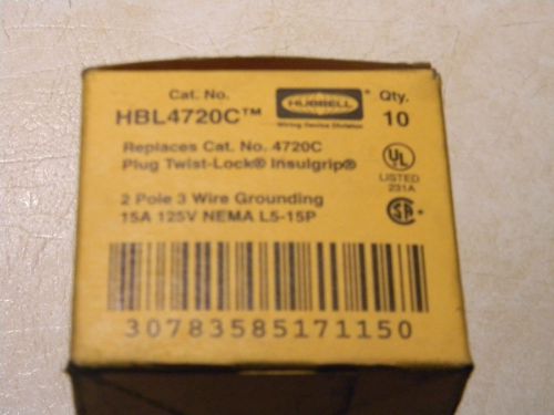 HBL4720C, HUBBELL PLUG TWIST-LOCK INSULGRIP, 2 POLE 3 WIRE, 15A 125V BOX OF 10