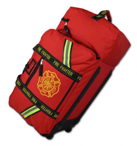 Red rolling firefighter turnout gear step in fire bag first responder w/ wheels for sale