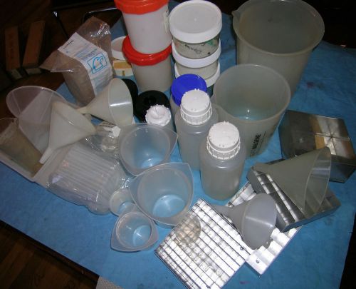 Assorted Plasticware, beakers, storage bottles funnels