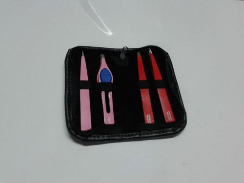 Set of 4  Eye Brow Tweezer PACK IN BUEAUTY  LEATHER  CASE  3 SLANTED  1 POINTED