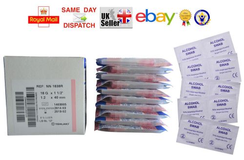 BOX - 100 TERUMO NEEDLES +100 SWABS 18G PINK 1.2x40 (1.5 INCH) INK FAST CHEAPEST