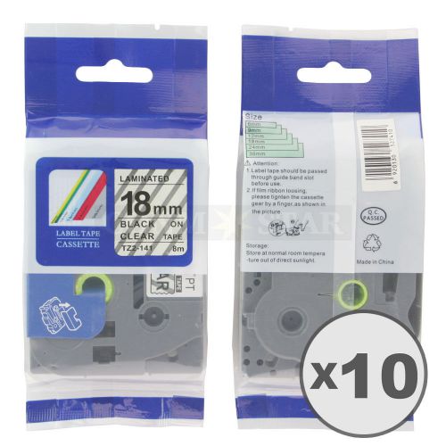 10pk Transparent on Black Tape Label for Brother P-Touch TZ TZe 141 18mm 3/4&#034;