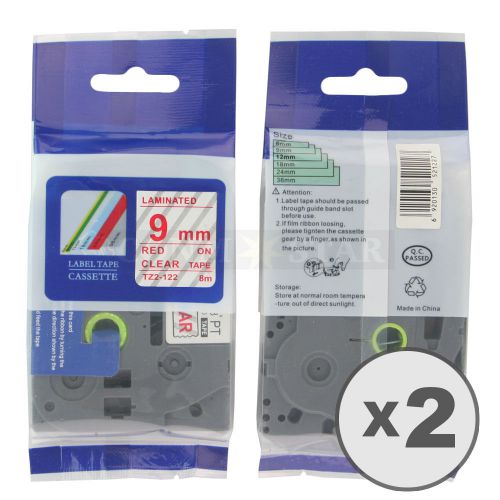 2pk Red on Transparent Tape Label Compatible for Brother P-Touch TZ TZe122 9mm