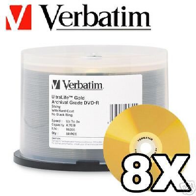 50 verbatim 95355 8x dvd-r gold archival silver media for sale