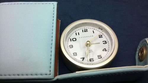 Levenger Travel Alarm Clock Powder Blue Leather