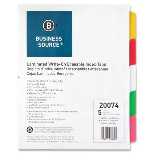Business source laminated tab index - 5/set -multicolor ta - bsn20074 for sale