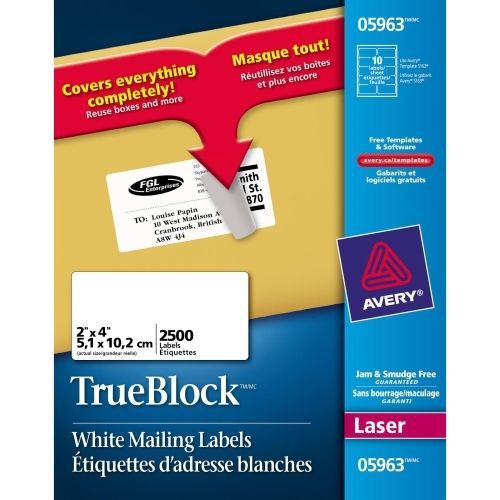 Avery Easy Peel Address Labels -2&#034;Wx4&#034;L -2500/Box -Laser, Inkjet -White