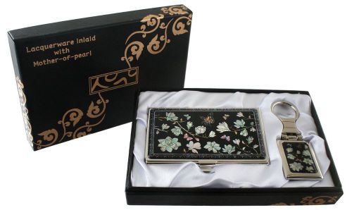 mother of pearl magnolia business card holder key chain key ring gift set #15