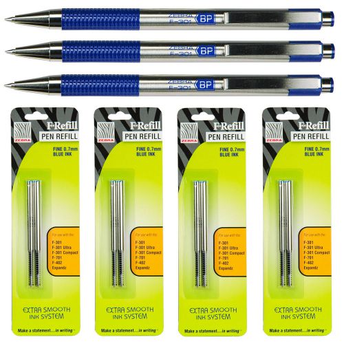 Zebra F-301 Retractable Pens With F Refills, Blue Ink, 0.7mm Fine Point