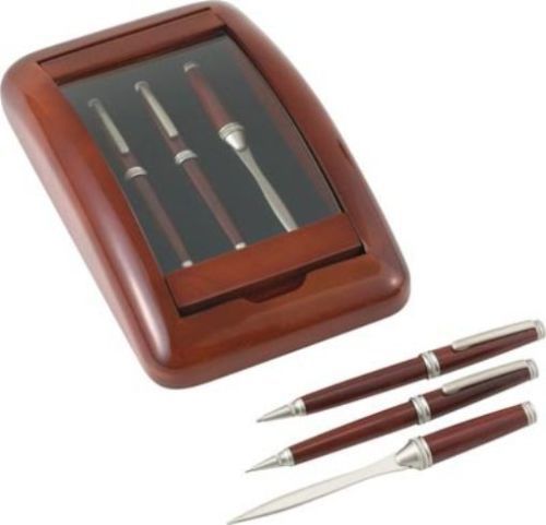 NEW Alex Navarra 3pc Pen pencil and Letter Opener in a Wood and Glass Case