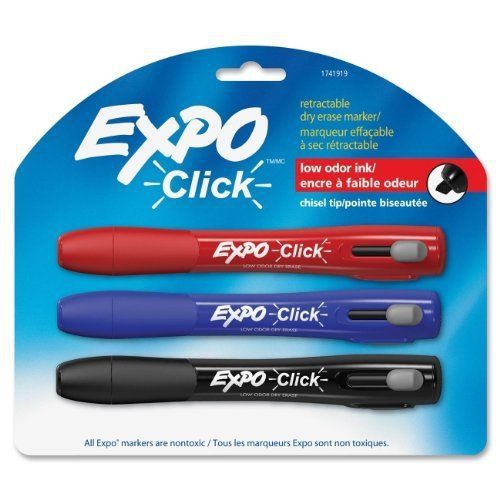 Expo Click Retractable Low Odor Chisel Tip Dry Erase Markers, 3 Assorted Markers