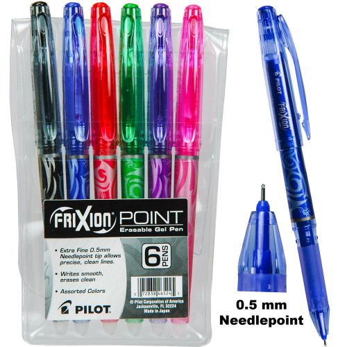 Pilot FriXion Point 0.5 mm Erasable Gel Pens, 6 Color Set In Plastic Pouch