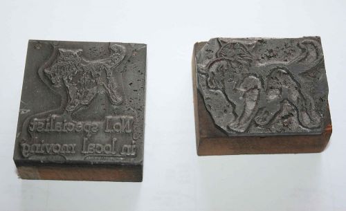 Vintage Printers Blocks Cats w/ kittens Pair &#034;No. 1 Specialist in Local Moving&#034;