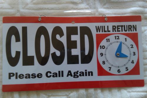 Red open &amp; closed hanging sign &amp; please call again will return clock door window for sale