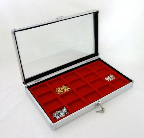 ALUMINUM DISPLAY CASE GLASS LID 20 COMPARTMENT FOR EARRINGS ETC RED