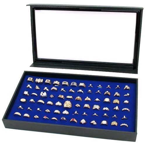 1 Blue 72 Ring Display Storage Box Case with Detachable Magnetic Acrylic Lid Top