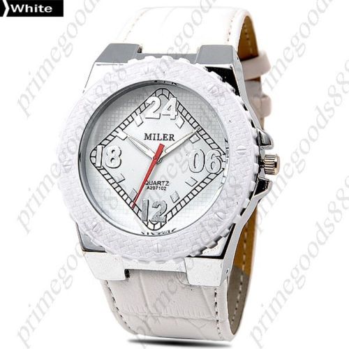 Round Case Bezel PU Leather Quartz Wrist Lady Ladies Wristwatch Women&#039;s White