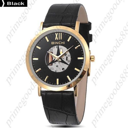 Thin Genuine Leather Quartz Analog See Through Wrist Men&#039;s Wristwatch in Black