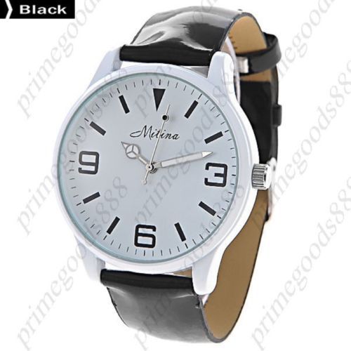 Round Shiny Analog Leather Lady Ladies Wrist Quartz Wristwatch Women&#039;s Black