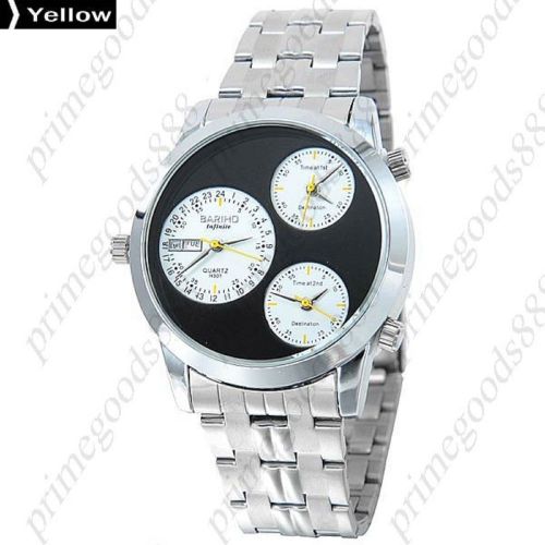 3 Time Zone Zones Stainless Steel Date Analog Quartz Men&#039;s Wristwatch Yellow
